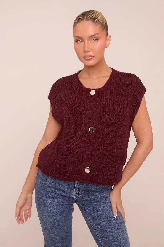 Burgundy Knit Button Up Sleeveless Cardigan - Sally Refined Women's Hand - crafted