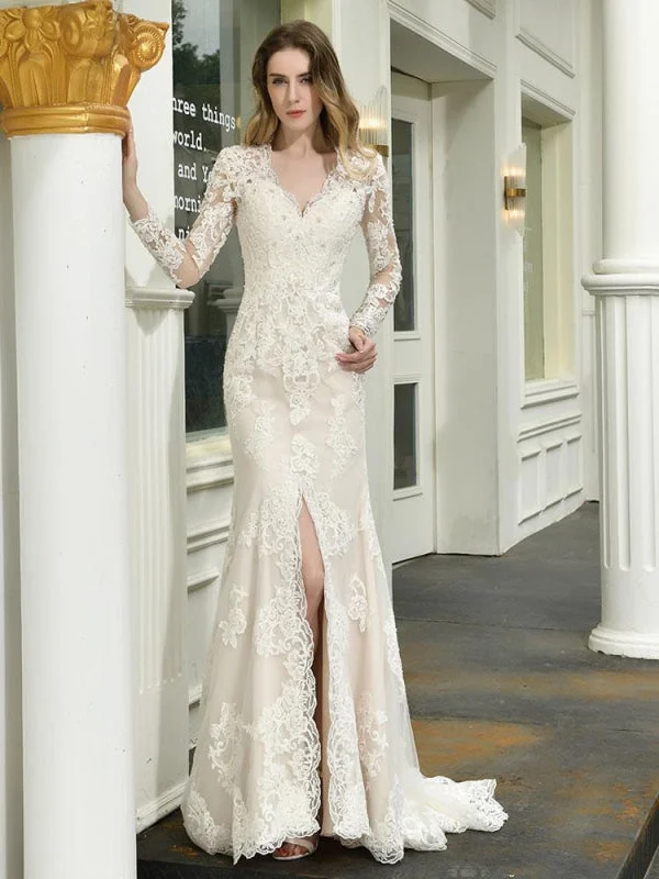 Boho Wedding Dress V Neck Sleeveless Natural Waist Lace Bridal Gowns With Train Monochromatic Office Style
