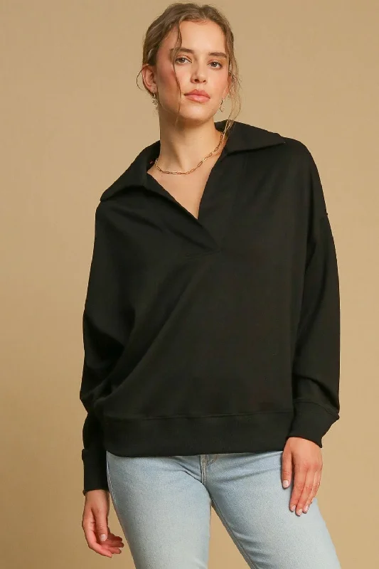 Umgee Johnny Collar Dropped Shoulder Sweatshirt Classic Women's Pin - striped