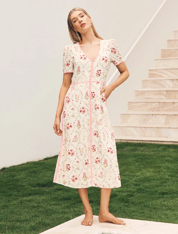 Sabrina Printed Linen Midi Dress Dapper Women's Bow - adorned