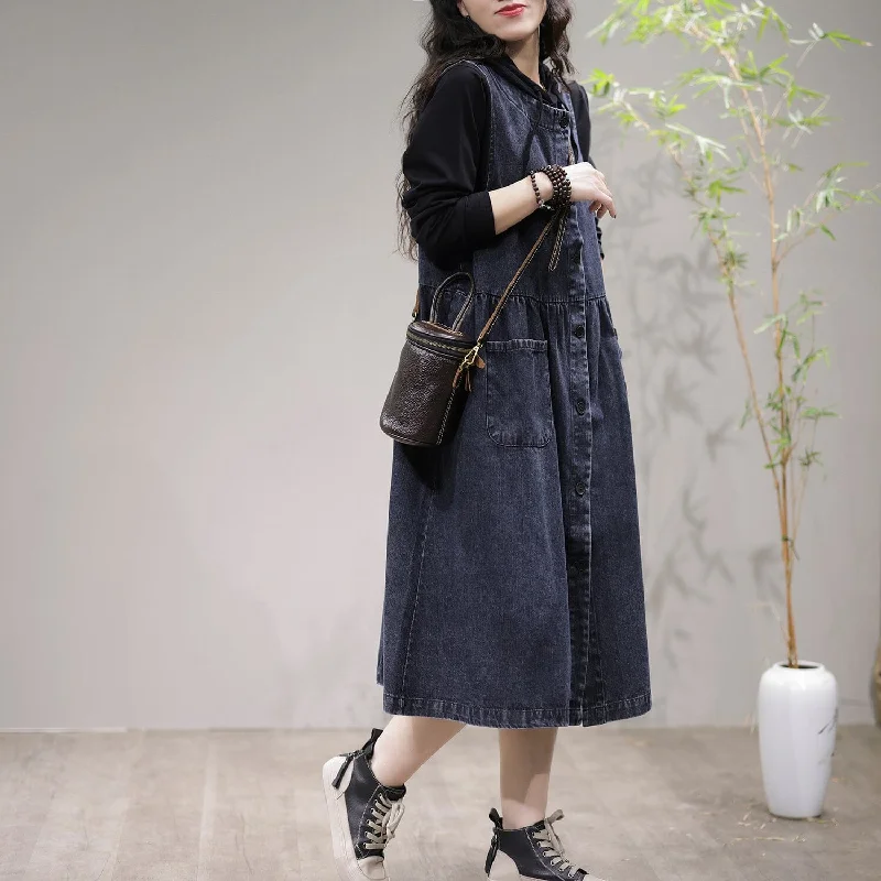 Spring Loose Sleeveless Cotton Denim Midi Dress Feminine Women's Soft 