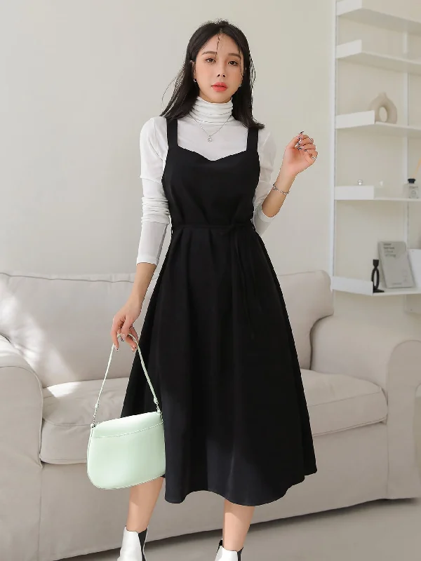 Plain Sleeveless Straps Flared High Waist Midi Dress Monochromatic Office Style