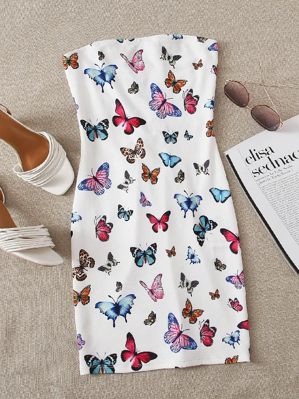 All Over Print Lace Up Sleeveless Strapless Pencil Natural Short Dress Traditional Women's 