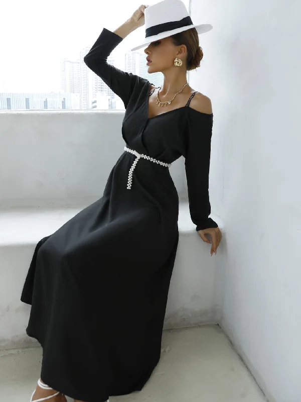 Plain Zipper Long Sleeve Cold Shoulder Flared High Waist Long Dress Sporty Women's Tennis