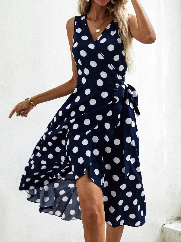 Polka Dot Knot Sleeveless V Neck Wrap High Waist Long Dress French