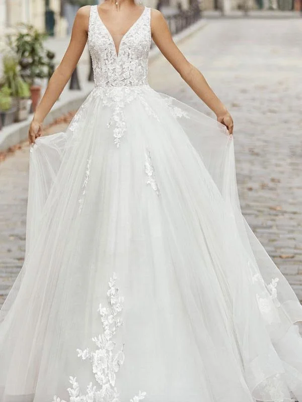 Ivory Simple Wedding Dress A Line V Neck Sleeveless Applique With Long Train Bridal Dresses Laid - back Women's Vibe