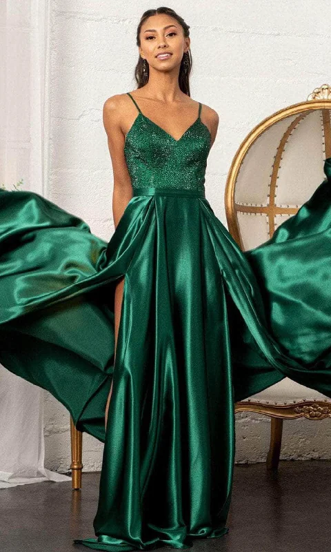 GLS by Gloria GL3040 - V-Neck Satin Formal Gown Laid - back Women's Vibe