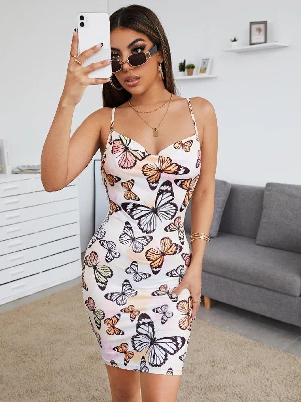 Animal Draped Sleeveless Spaghetti Strap Pencil Natural Short Dress Bohemian Women's Free