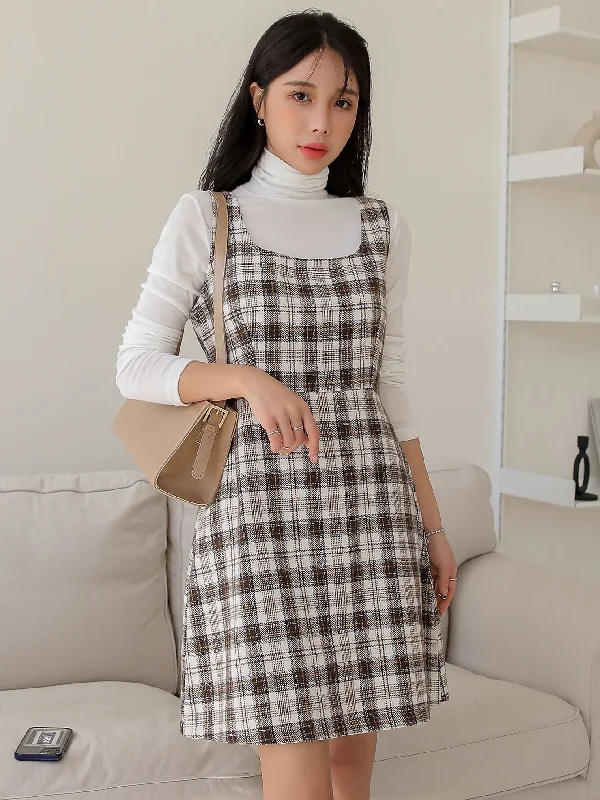 Plaid Sleeveless Straps Straight High Waist Midi Dress Sleek Women's 