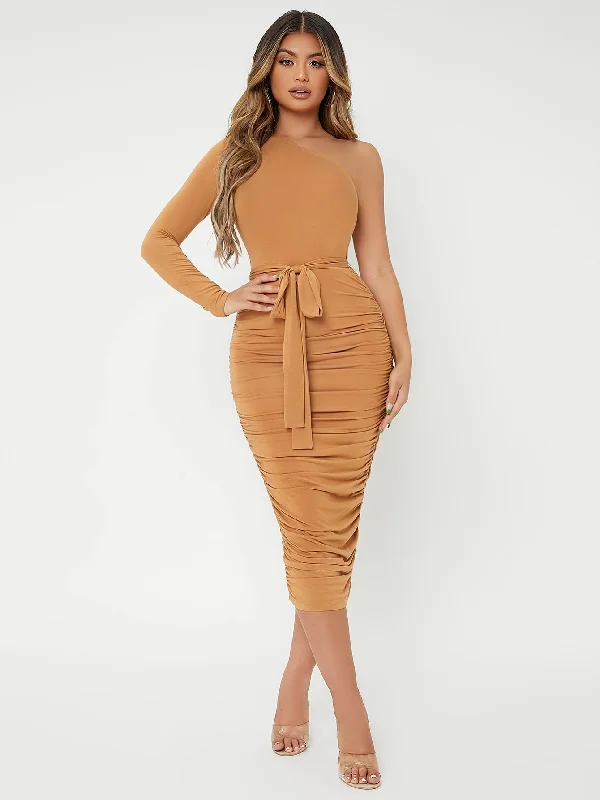 Plain Belted Long Sleeve One Shoulder Pencil High Waist Long Dress Cashmere
