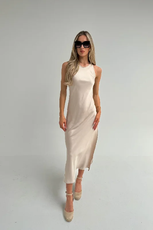 Elsa High Neck Satin Dress In Champagne Vacation