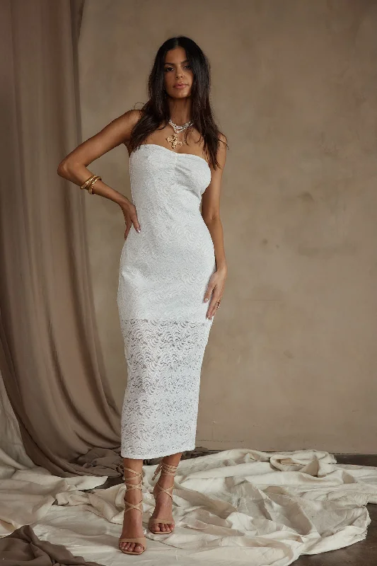Reagan Strapless White Lace Midi Dress Hip Women's Urban