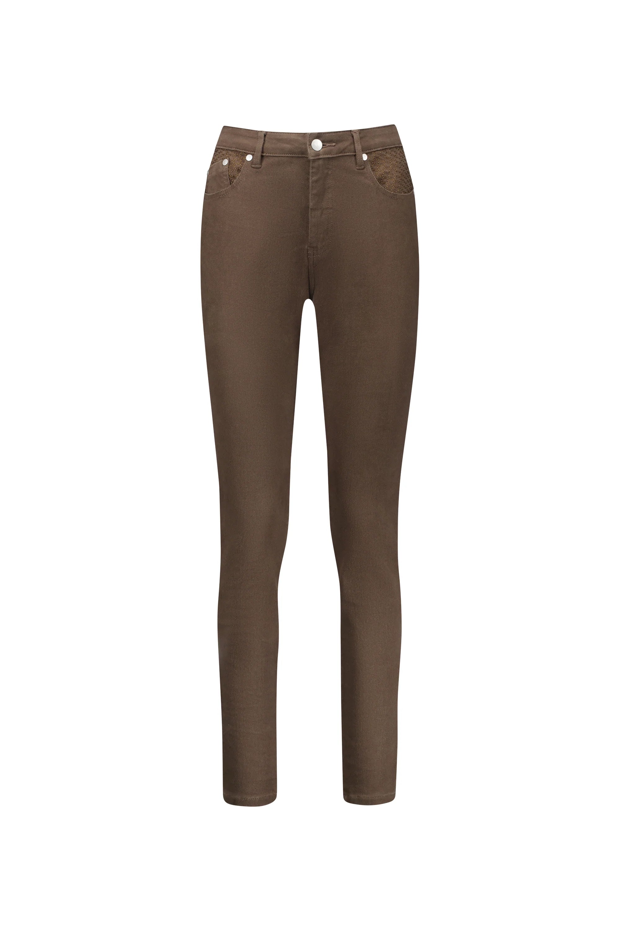 5535 Chocolate - Skinny Leg Full Length Basket Weave Jean Polished Women's Silk