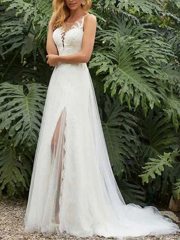 Simple Wedding Dress Sheath Jewel Neck Sleeveless Split Front Bridal Gowns Refined Women's Classic Simple Wedding Dress Sheath Jewel Neck Sleeveless Split Front Bridal Gowns Refined Women's Classic