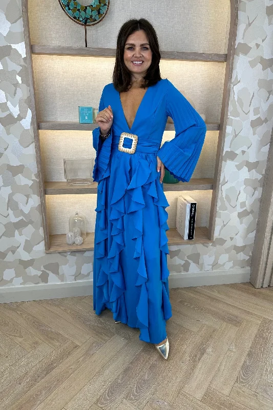 Taylor Belted Ruffle Dress In Blue Elegant Women's Formal 
