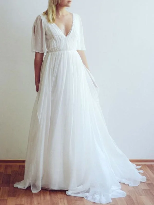 Simple Wedding Dress V Neck Half Sleeves Pleated A Line Floor Length Bridal Dresses Casual Women's Loose - fitting