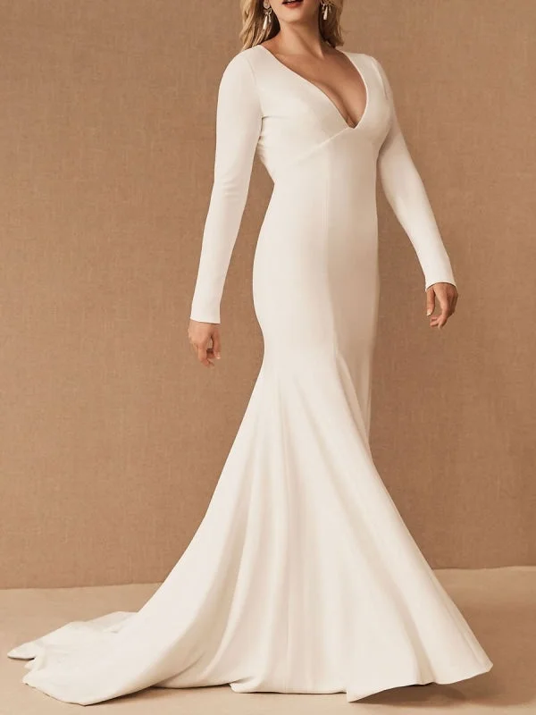 Simple Wedding Dresses Long Sleeves V Neck Mermaid Wedding Party Dress Athletic Women's High - 