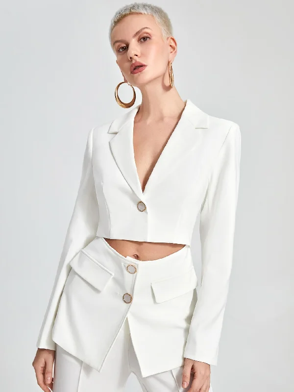 Elegant Plain Button Front Long Sleeve Lapel Regular Women Blazer French
