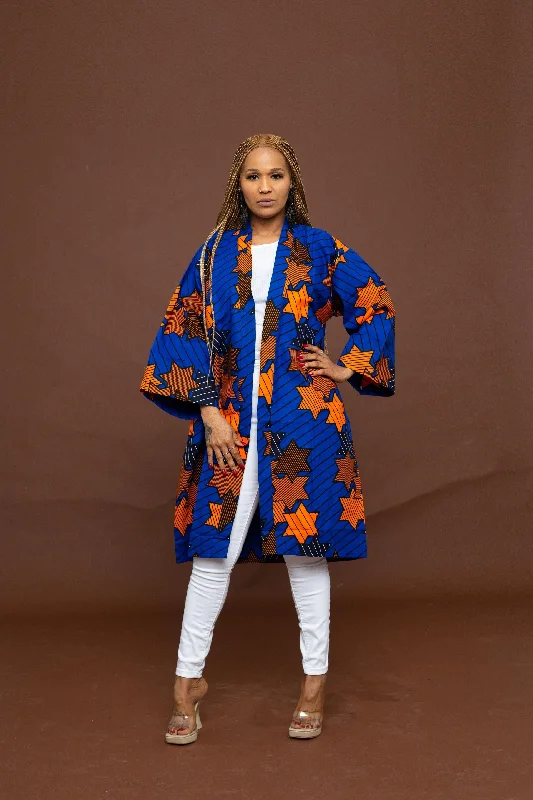 Lara Ankara Midi Kimono Jacket | Blue and Orange African Print Edgy Women's Punk