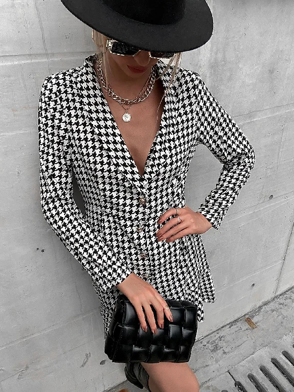 Elegant Houndstooth Button Front Long Sleeve Shawl Collar Long Women Blazer Casual Women's Japanese 