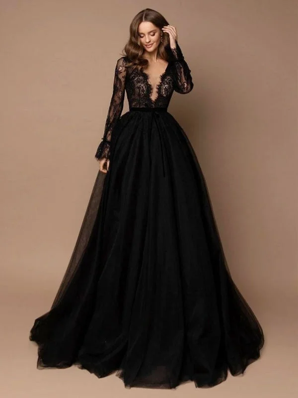 Black Wedding Dress With Train A-Line V-Neck Long Sleeves Lace Sweep Tulle Lace Bridal Gowns Women
