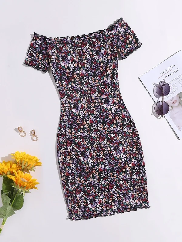 Ditsy Floral Lettuce Trim Cap Sleeve Off The Shoulder Pencil Natural Short Dress Hip Women's Urban