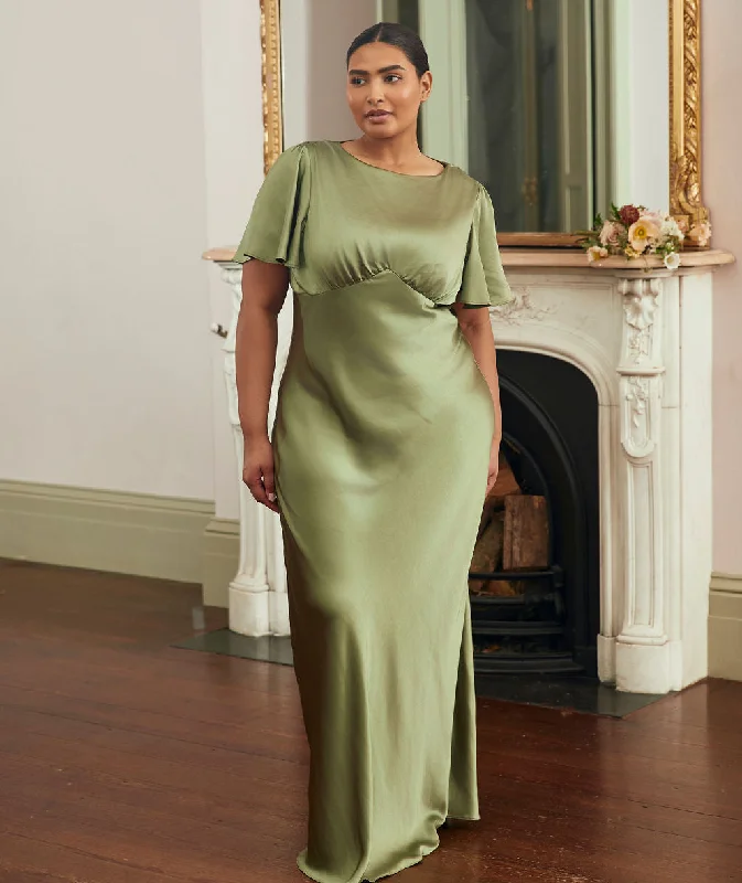 Gathered Bust Flutter Sleeve Satin Bridesmaid Dress - Moss Green Feminine Women's Style 