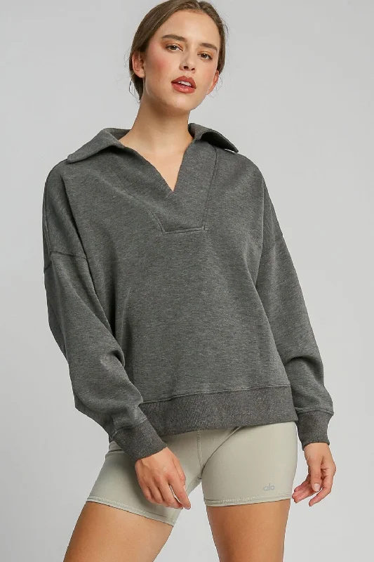 Umgee Johnny Collar Dropped Shoulder Sweatshirt Practical Women's Quick - dry