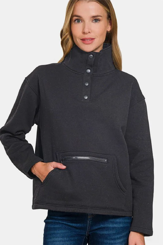 Zenana Turtleneck Half Snap Fleece Sweatshirt Dapper Women's 1920S