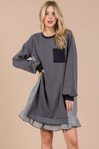 Ces Femme Striped Patchwork Round Neck Terry Sweatshirt Dress French