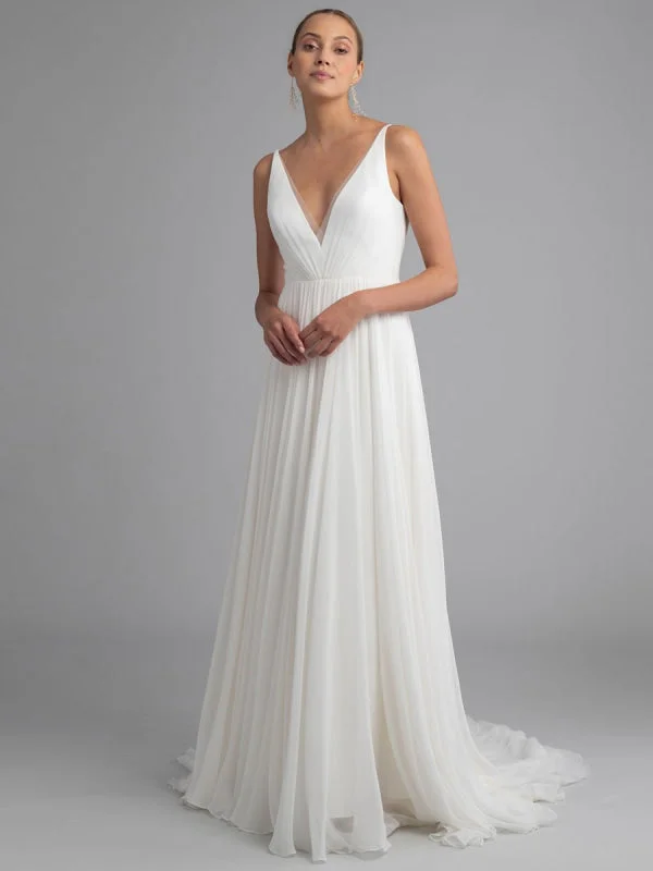 White Simple Wedding Dress Chiffon V-Neck Sleeveless A-Line Backless Natural Waist Long Bridal Dresses British Gentlewoman Style