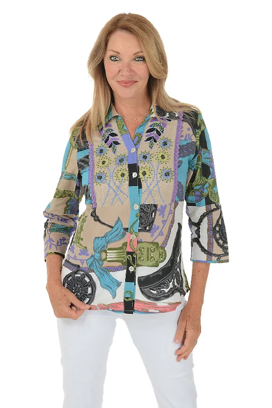 Glenda Embroidered Button-Front Shirt Casual Women's Loose - fitting
