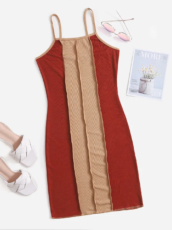 Colorblock Sleeveless Spaghetti Strap Pencil Natural Short Dress Modern Women's 