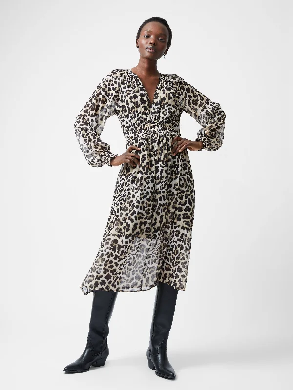 Leopard Print Georgette Long Sleeve Dress Athletic Women's High - 