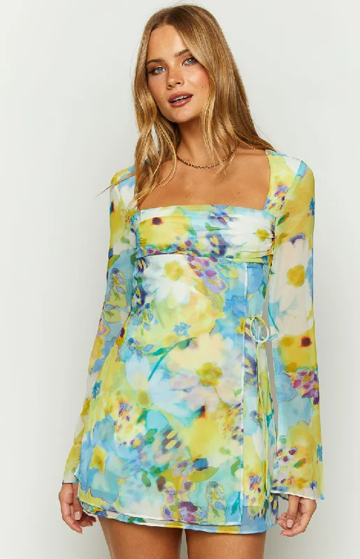 Lucy Blue Floral Long Sleeve Mini Dress Modern Women's 