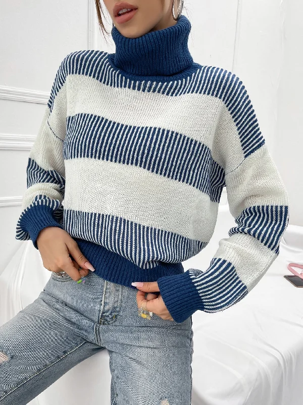 Casual Colorblock Long Sleeve High Neck Regular Women Sweater Refined Women's Hand - crafted