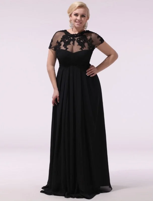 Black Prom Dresses Plus Size Evening Dress Chiffon Lace Applique Illusion Short Sleeves Floor Length Wedding Guest Dress Exclusive garde