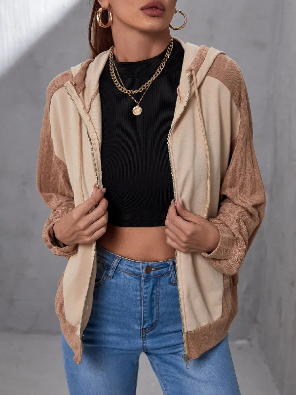 Casual Colorblock Zipper Long Sleeve Hooded Regular Women Sweatshirt Modern Women's 