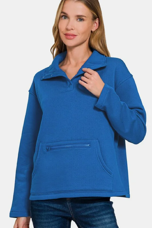Zenana Turtleneck Half Snap Fleece Sweatshirt Modern Women's 
