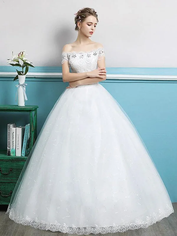 Ball Gown Wedding Dresses Off Shoulder Floor Length Lace Tulle Polyester Sleeveless Romantic Traditional Women's 