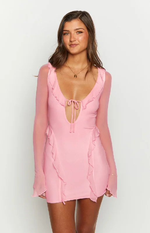 Surround Sound Pink Mesh Long Sleeve Mini Dress Bohemian Women's Free