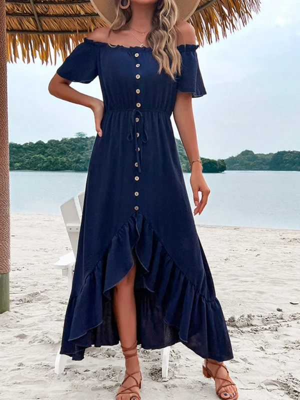 BerryBetty - Women's Solid Color One Shoulder Skirt Ruffle Irregular Blue Dress Athletic Women's High - 