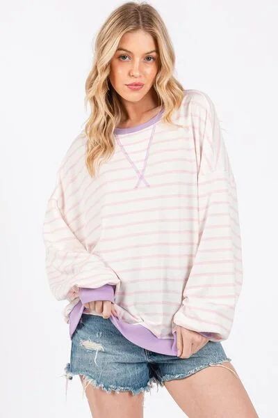 Ces Femme Striped Round Neck Drop Shoulder Sweatshirt Casual Women's Japanese 