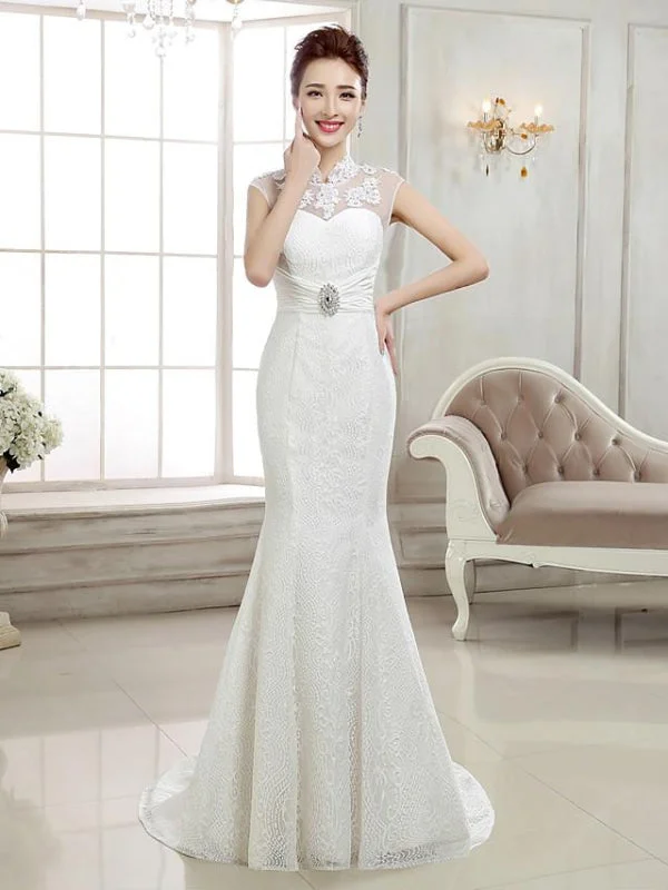 Mermaid \ Trumpet Wedding Dresses High Neck Sweep \ Brush Train Lace Cap Sleeve Sexy Illusion Detail Backless Modern Women's 