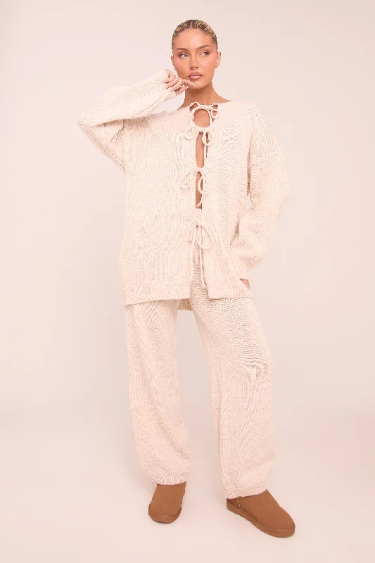 Beige Knit Tie Front Cardigan & Straight Leg Co-ord Set - Valeria Laid - back Women's Vibe