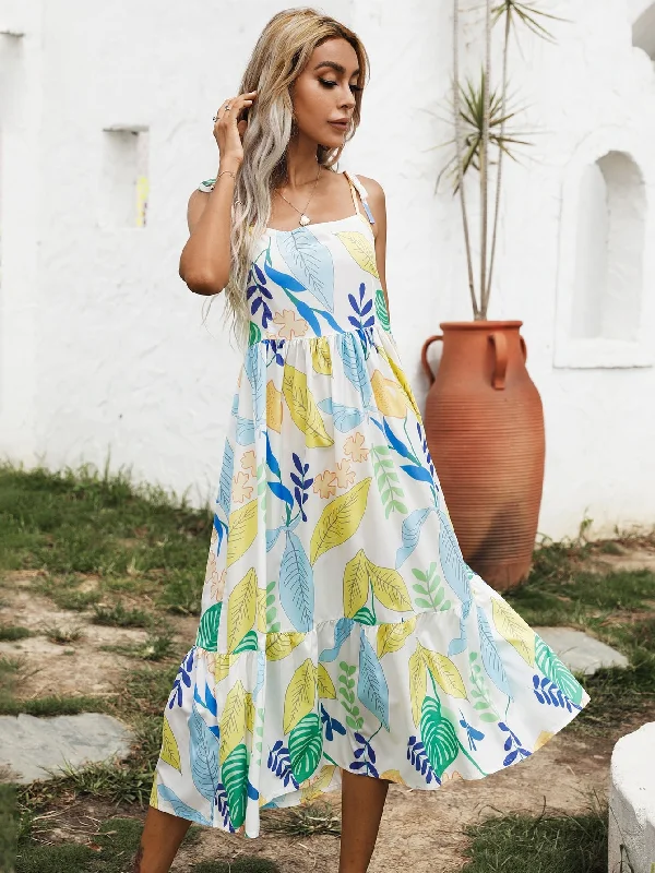 Plants Shirred Short Sleeve Spaghetti Strap Flounce High Waist Short Dress Artistic Women's Hand - painted