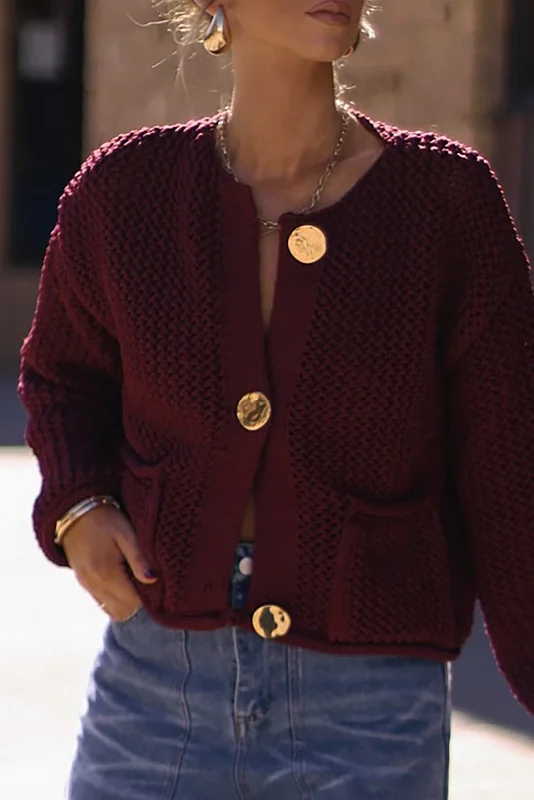 Button Round Neck Sweater Cardigan Dapper Women's Bow - adorned
