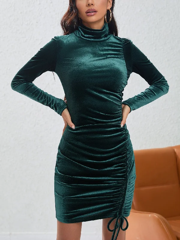 Velvet Turtleneck Long Sleeve Ruched Drawstring Bodycon Mini Dress (Blackish Green/Black) Cool Women's Distressed Velvet Turtleneck Long Sleeve Ruched Drawstring Bodycon Mini Dress (Blackish Green/Black) Cool Women's Distressed