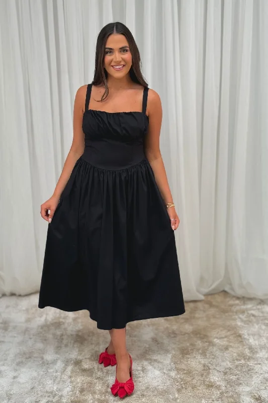 Erica Corset Waist Midi Dress In Black Dapper Women's Bow - adorned