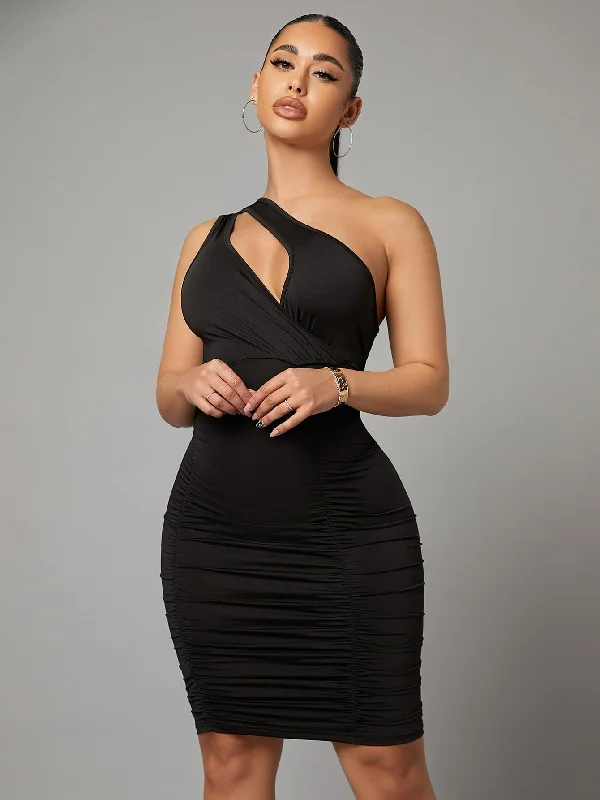 Plain Cut Out Sleeveless One Shoulder Pencil Natural Midi Womens Dress Traditional Women's Wool